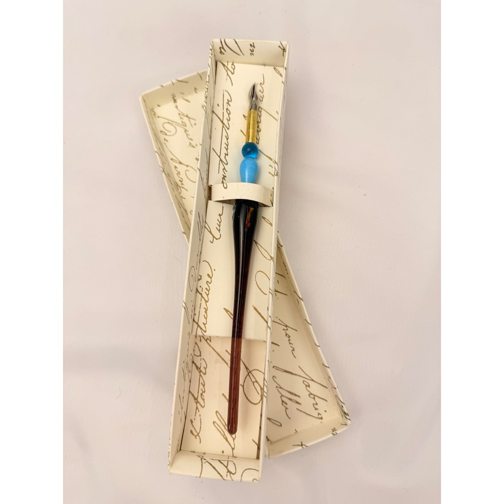 Murano Style Glass Calligraphy Dip Pen Millefiori Floral Blue Burgundy with Box